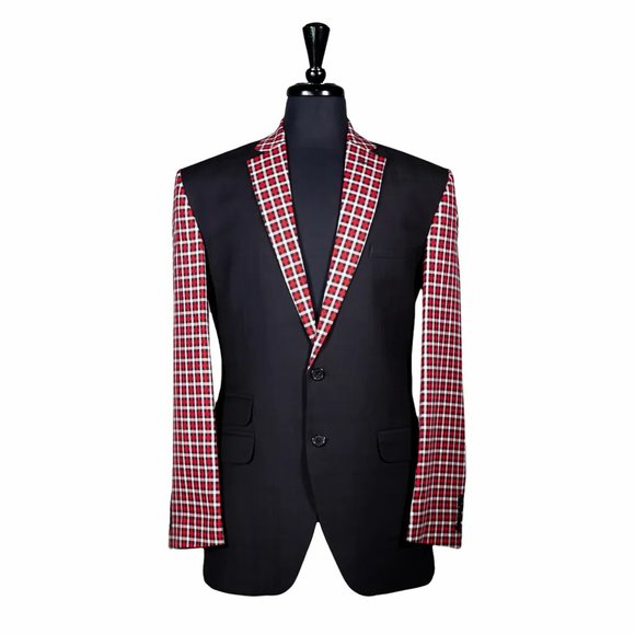 Mens Blazer Black Red White Plaid Check Wool Formal Suit Jacket Sport Coat 40R